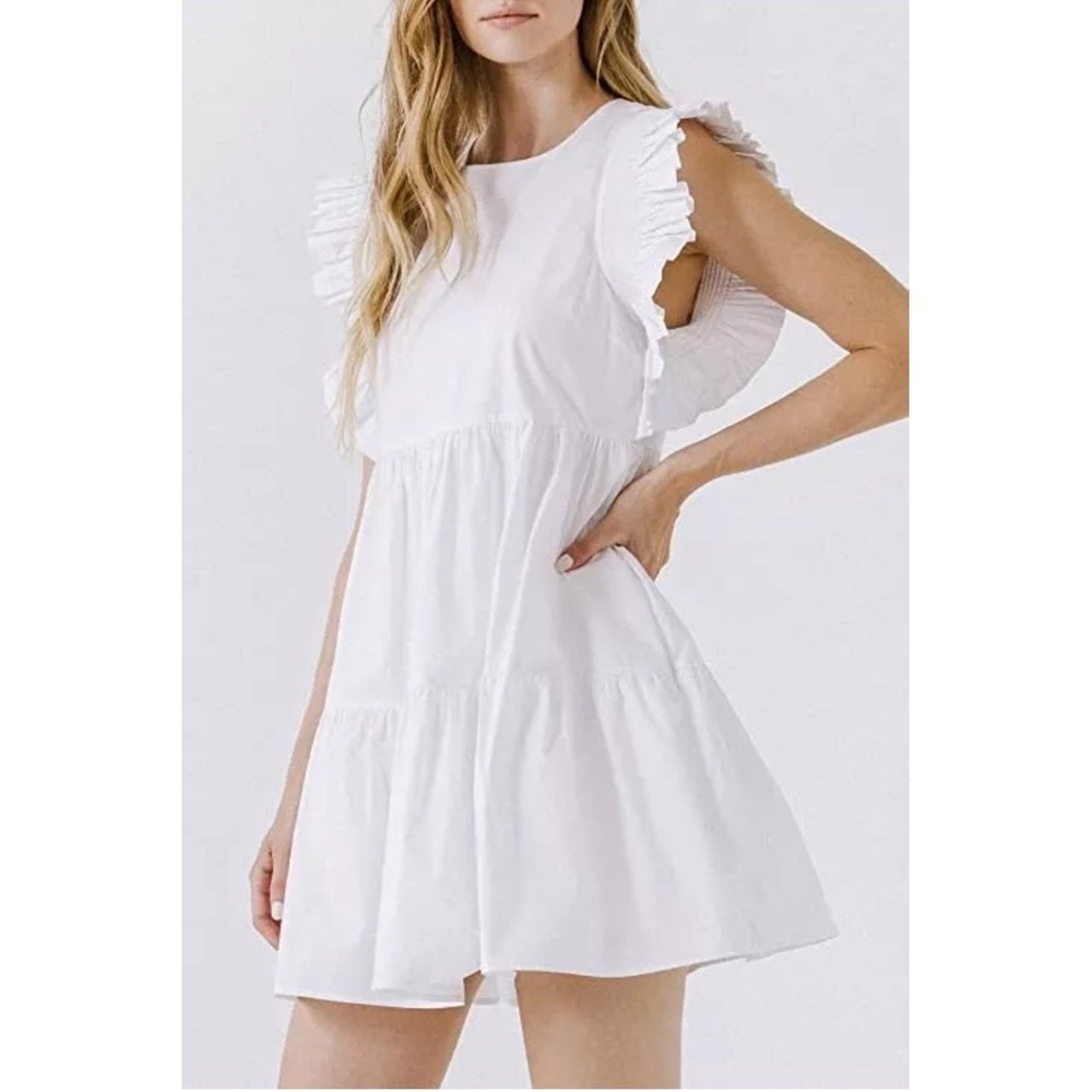 English Factory Women's Mini Dress White Medium Cotton‎ Ruffled Sleeves Pockets